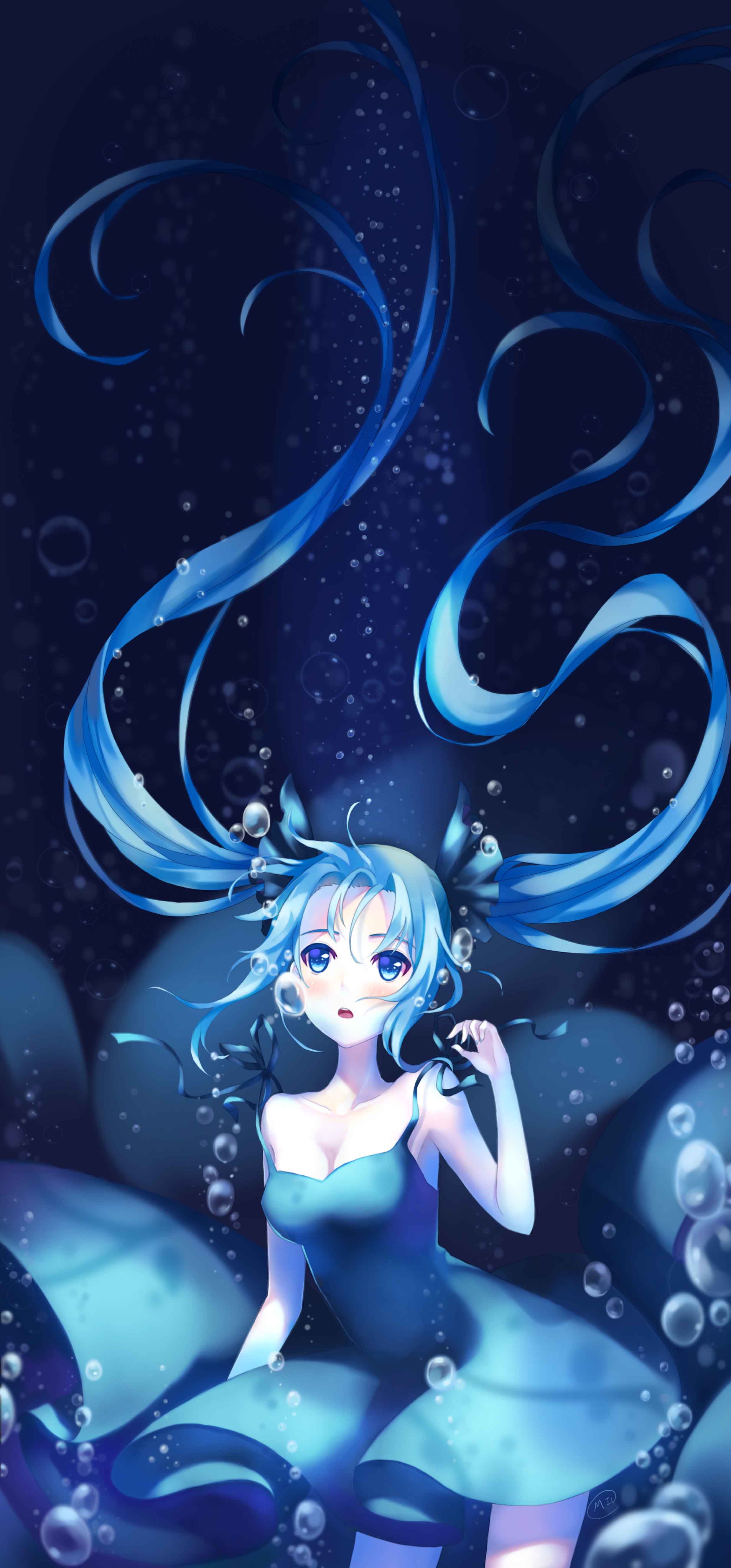 1girl absurdres blue_dress blue_eyes blue_hair blush breasts bubble cleavage cowboy_shot dress hair_ornament hatsune_miku highres long_hair matching_hair/eyes miu_(pixiv4149478) pale_skin parted_lips small_breasts solo thigh_strap twintails underwater vocaloid