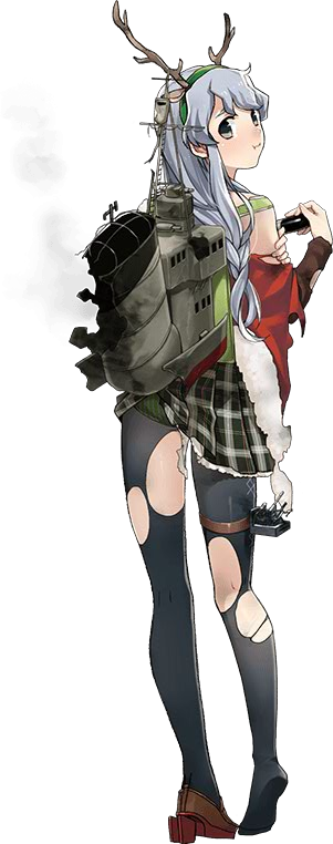1girl antlers braid cape damaged from_behind fujikawa grey_eyes hairband kantai_collection long_hair looking_back machinery official_art pantyhose plaid plaid_skirt pleated_skirt pout santa_costume school_uniform shoes single_shoe skirt smoke solo thigh-highs torn_clothes torn_pantyhose yamagumo_(kantai_collection)