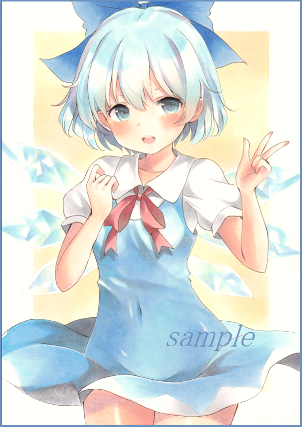 1girl blue_border blue_dress blue_eyes blue_hair blush bow breasts cirno cowboy_shot dress hair_bow hand_on_own_chest hand_up looking_at_viewer marker_(medium) matching_hair/eyes open_mouth potto_(minntochan) puffy_short_sleeves puffy_sleeves red_ribbon ribbon sample short_hair short_sleeves small_breasts solo touhou traditional_media v watercolor_(medium) white_background wings yellow_background
