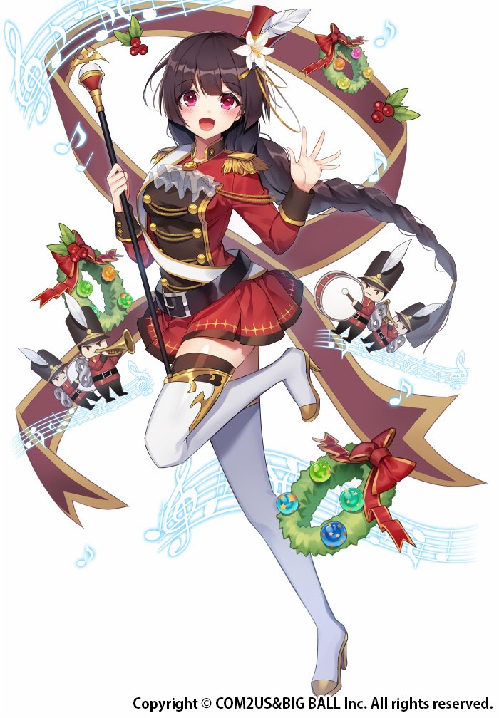 1girl :d belt belt_buckle black_hair black_hat blush bow braid buckle carchet christmas christmas_ornaments christmas_wreath commentary_request company_name cravat crotchet drum epaulettes flower full_body hair_flower hair_ornament hair_ribbon hat high_heels instrument leaf lily_(flower) long_hair long_sleeves looking_at_viewer marching_band marching_band_baton mini_hat mini_shako_cap musical_note nerua_(soccer_spirits) one_leg_raised open_mouth pink_eyes pleated_skirt plume quaver red_bow red_hat red_ribbon red_skirt ribbon shako_cap sheet_music shoes single_braid skirt smile soccer_spirits solo thigh-highs treble_clef trumpet uniform watermark white_legwear winding_key yellow_ribbon yellow_shoes zettai_ryouiki