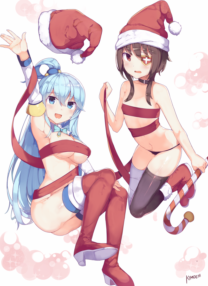 2girls :d \||/ aqua_(konosuba) arm_up armpits artist_name bandaged_leg bangs black_legwear black_panties blue_bow blue_bowtie blue_eyes blue_hair blue_legwear blush boots bow bowtie breasts brooch brown_hair candy candy_cane christmas collar deru06 detached_collar eyebrows_visible_through_hair eyepatch fingernails flat_chest floating food fur-lined_boots hair_between_eyes hair_ornament hair_rings hand_on_thigh hat hat_removed headwear_removed high_heel_boots high_heels holding jewelry kono_subarashii_sekai_ni_shukufuku_wo! long_hair looking_at_viewer medium_breasts megumin multiple_girls naked_ribbon navel one_eye_covered open_mouth panties red_boots red_eyes red_hat ribbon santa_hat shiny shiny_clothes shiny_hair shiny_skin shoe_soles short_hair signature single_thighhigh smile sparkle sphere thigh-highs thigh_boots thigh_gap under_boob underwear underwear_only white_background