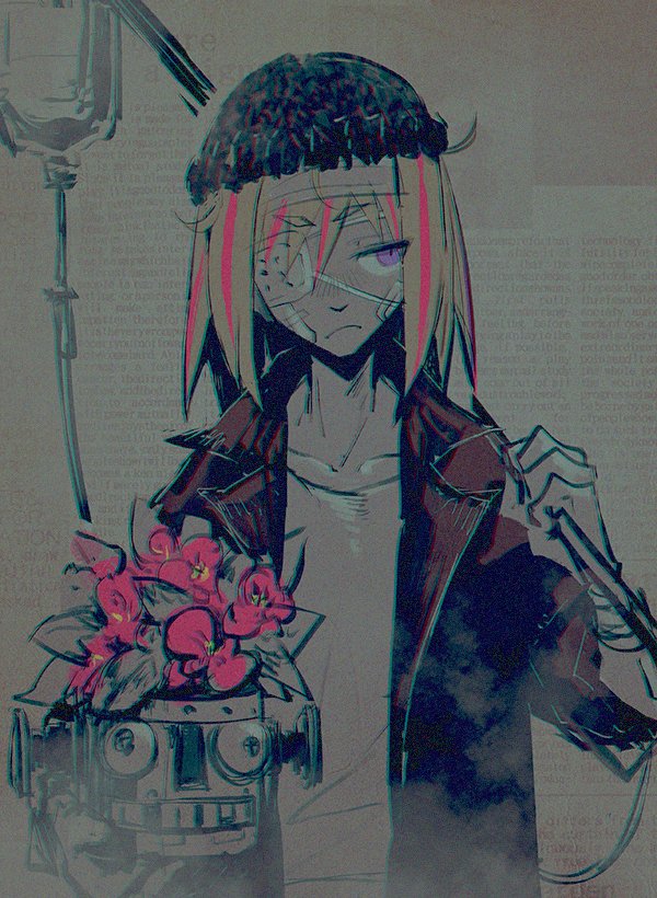 1girl bandage bandaged_head bandaid black_hat blonde_hair collarbone die_(die0118) eyebrows_visible_through_hair eyepatch female flip_flappers flower flower_pot frown hand_up hat holding intravenous_drip jacket jpeg_artifacts looking_to_the_side multicolored_hair partially_colored plant robot short_hair solo streaked_hair upper_body violet_eyes yayaka