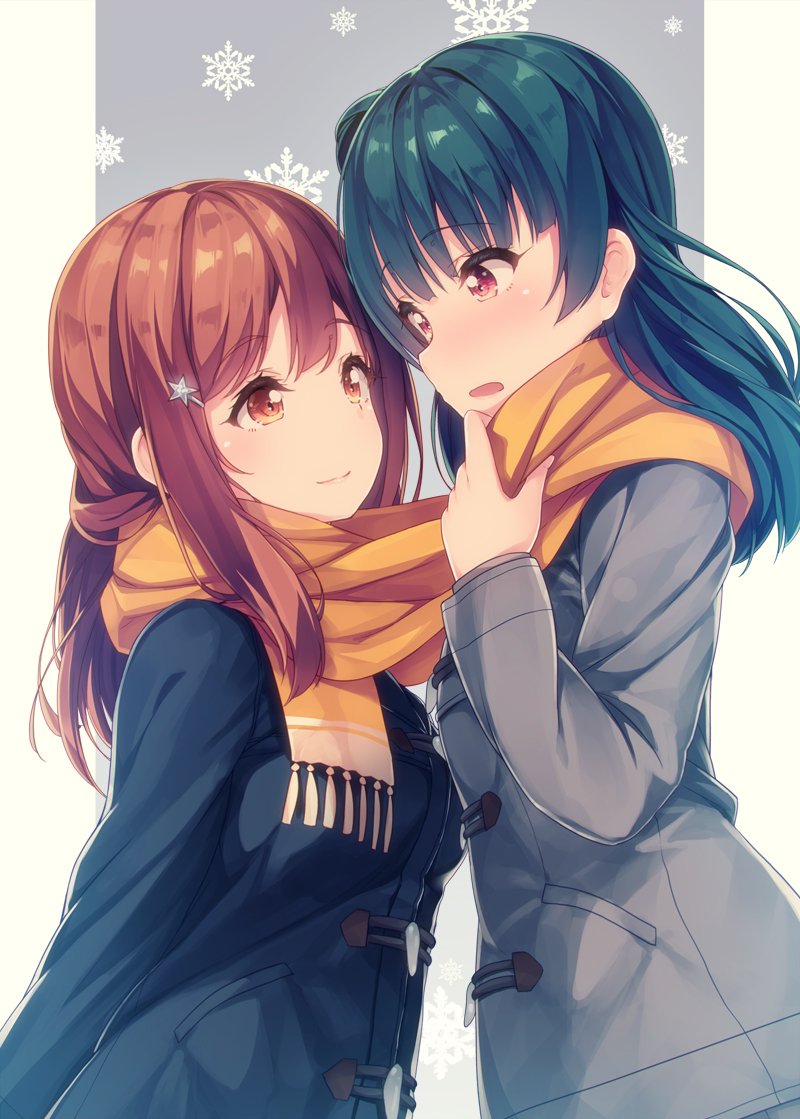 2girls arms_behind_back bangs blue_hair brown_eyes brown_hair coat commentary_request eye_contact face-to-face hair_ornament hairpin kunikida_hanamaru long_hair long_sleeves looking_at_another love_live! love_live!_sunshine!! multiple_girls open_mouth scarf shared_scarf side_bun siva_(executor) smile snowflakes star star_hair_ornament tsushima_yoshiko upper_body violet_eyes winter_clothes yellow_scarf yuri