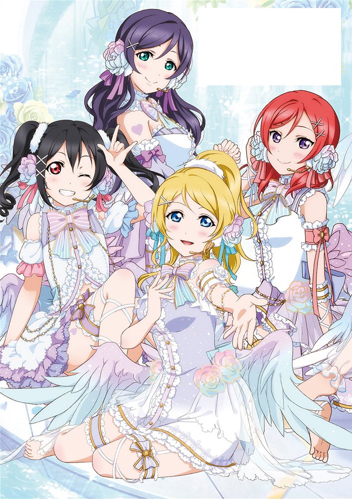 4girls \m/ aqua_eyes ayase_eli black_hair blonde_hair blue_eyes blush frills hair_ornament headset long_hair looking_at_viewer love_live! love_live!_school_idol_festival love_live!_school_idol_project multiple_girls nishikino_maki one_eye_closed open_mouth outstretched_arms ponytail purple_hair red_eyes redhead ribbon short_hair short_sleeves sitting smile toujou_nozomi twintails violet_eyes wings yazawa_nico