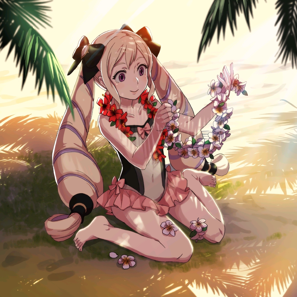 1girl barefoot beach blonde_hair bow brown_eyes covered_navel drill_hair elise_(fire_emblem_if) feet fire_emblem fire_emblem_if flat_chest flower hair_bow kozaki_yuusuke lei official_art one-piece_swimsuit palm_tree sand shade sitting smile solo swimsuit toes tree tree_shade twin_drills wariza