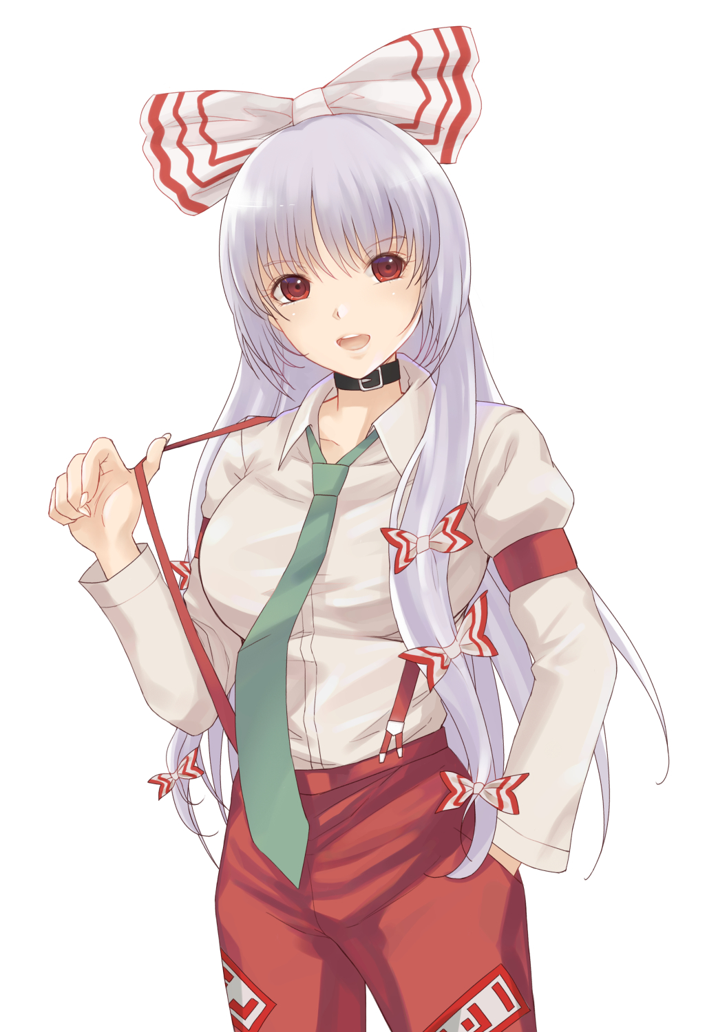 1girl arm_garter belt_collar bow breasts collared_shirt eyebrows_visible_through_hair fujiwara_no_mokou green_necktie hair_bow hand_in_pocket highres large_breasts long_hair long_sleeves looking_at_viewer necktie ofuda open_mouth pants puffy_long_sleeves puffy_sleeves red_eyes red_pants shirt simple_background solo suspenders suspenders_pull teeth touhou very_long_hair white_background white_bow white_hair white_shirt x&amp;x&amp;x