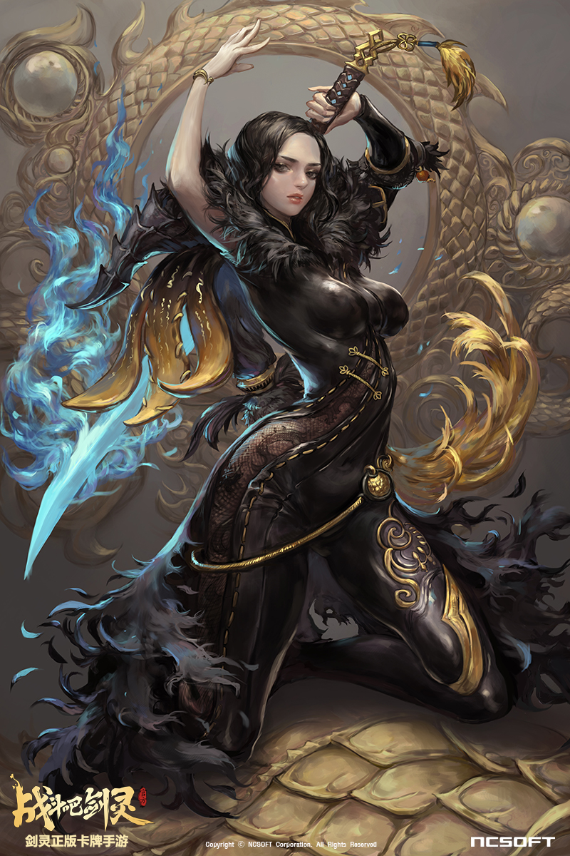 1girl arms_up black_eyes black_hair blade_&amp;_soul bodysuit breasts chocofing_r company_name copyright_name english head_tilt highres holding holding_sword holding_weapon jin_seo-yeon kneeling long_hair looking_at_viewer parted_lips skin_tight solo sword watermark weapon