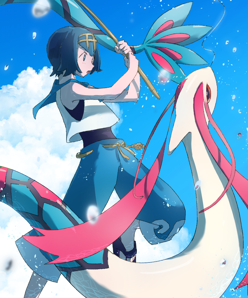 1girl :o bangs bare_arms black_swimsuit blue_eyes blue_hair blue_pants bright_pupils clouds crop_top day fishing fishing_rod hairband highres holding leg_up matching_hair/eyes milotic open_mouth outdoors pants pokemon pokemon_(creature) pokemon_(game) pokemon_sm rifu_(rif_rif) sandals sexual_dimorphism shirt short_hair sleeveless sleeveless_shirt solo standing suiren_(pokemon) surprised swimsuit swimsuit_under_clothes trial_captain water white_shirt