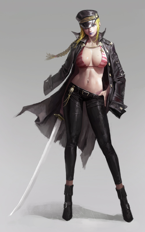 1girl belt black_boots black_pants blonde_hair blue_eyes boots braid breasts closed_mouth contrapposto dongho_kang full_body hat holding holding_sword holding_weapon jacket_on_shoulders lipstick long_hair makeup navel original pants peaked_cap purple_lipstick realistic solo standing striped_bikini_top sword weapon