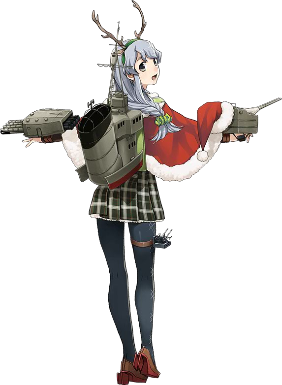 1girl antlers braid cape from_behind fujikawa hair_ornament hairband hat kantai_collection long_hair looking_back machinery official_art open_mouth plaid plaid_skirt pleated_skirt santa_costume santa_hat school_uniform shoes skirt smile solo thigh-highs turret yamagumo_(kantai_collection)