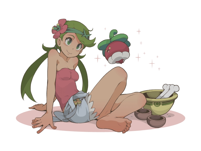 1girl apron arm_support bare_legs bare_shoulders barefoot blush bone bounsweet bowl breasts cleavage cup daradara_panda dark_skin eye_contact feet female flower green_eyes green_hair hair_flower hair_ornament legs legs_crossed long_hair looking_at_another low_twintails mallow_(pokemon) nintendo overalls pink_shirt pink_tubetop pokemon pokemon_(creature) pokemon_(game) pokemon_sm shirt shoulders simple_background sitting sleeveless small_breasts smile soles sparkle strapless toes trial_captain tubetop twintails white_background