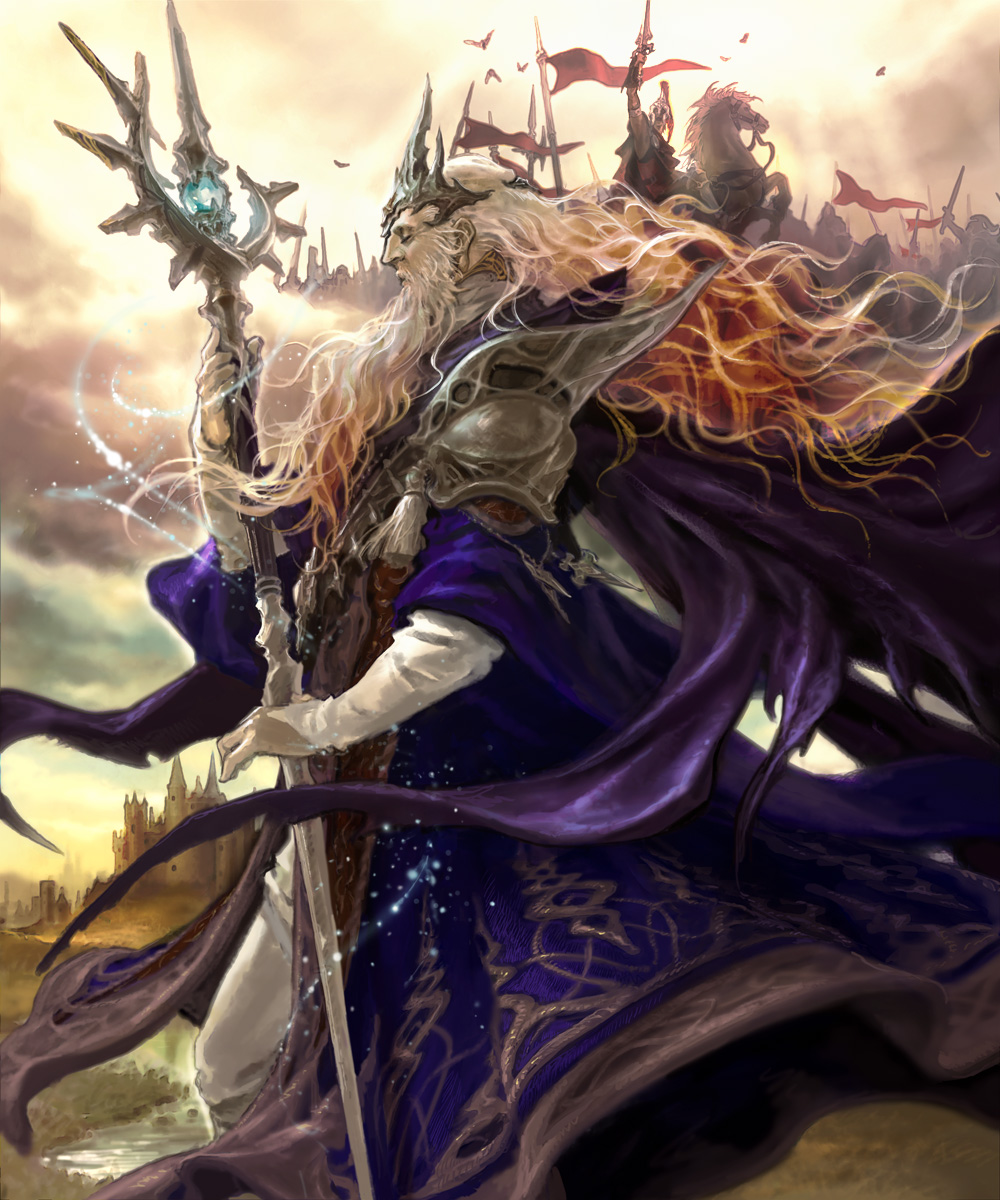 2boys armor castle closed_eyes clouds flag helmet highres horse long_hair merlin multiple_boys naura_(rouis) outdoors profile robe shingoku_no_valhalla_gate shoulder_armor solo staff standing sword weapon white_hair wizard