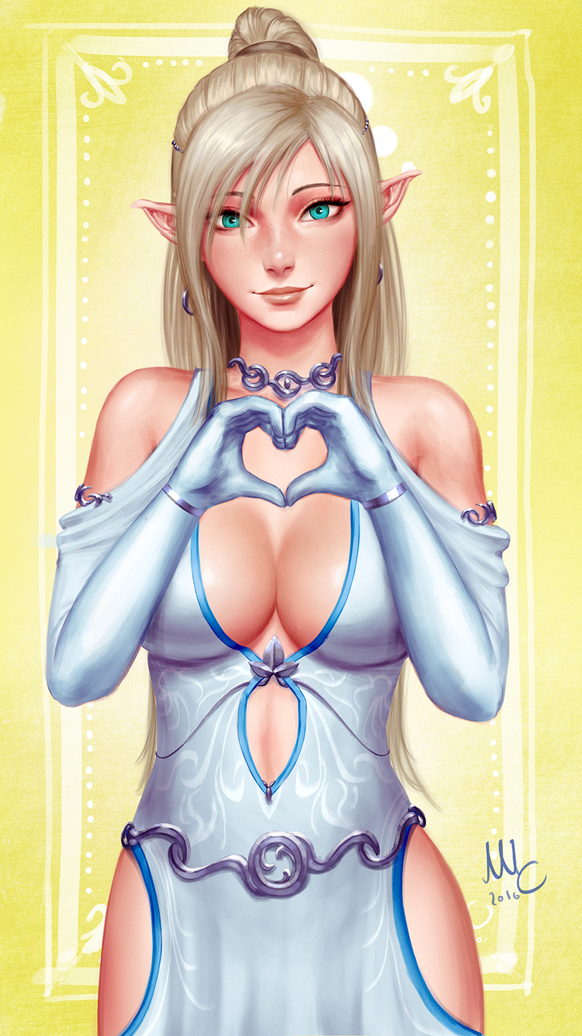 1girl 2016 aqua_eyes bangs blonde_hair breasts choker closed_mouth dress earrings elf freckles gloves hair_over_one_eye head_tilt heart heart_hands high_ponytail highres jewelry long_hair looking_at_viewer medium_breasts mirco_cabbia necklace number original pointy_ears realistic sidelocks smile solo swept_bangs very_long_hair white_dress white_gloves yellow_background
