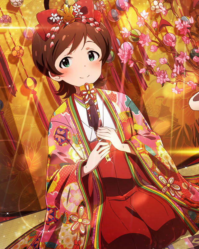 1girl artist_request beamed_quavers blush brown_hair green_eyes hair_ornament holding idolmaster idolmaster_million_live! japanese_clothes kinoshita_hinata kneeling looking_at_viewer musical_note official_art short_hair smile solo sparkle