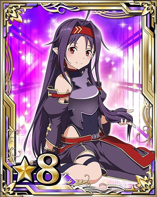1girl ahoge arm_support breastplate card_(medium) covered_navel detached_sleeves fingerless_gloves gloves hairband holding holding_hair long_hair looking_at_viewer number pointy_ears purple_gloves purple_hair red_eyes red_hairband sitting smile solo star sword_art_online yuuki_(sao)