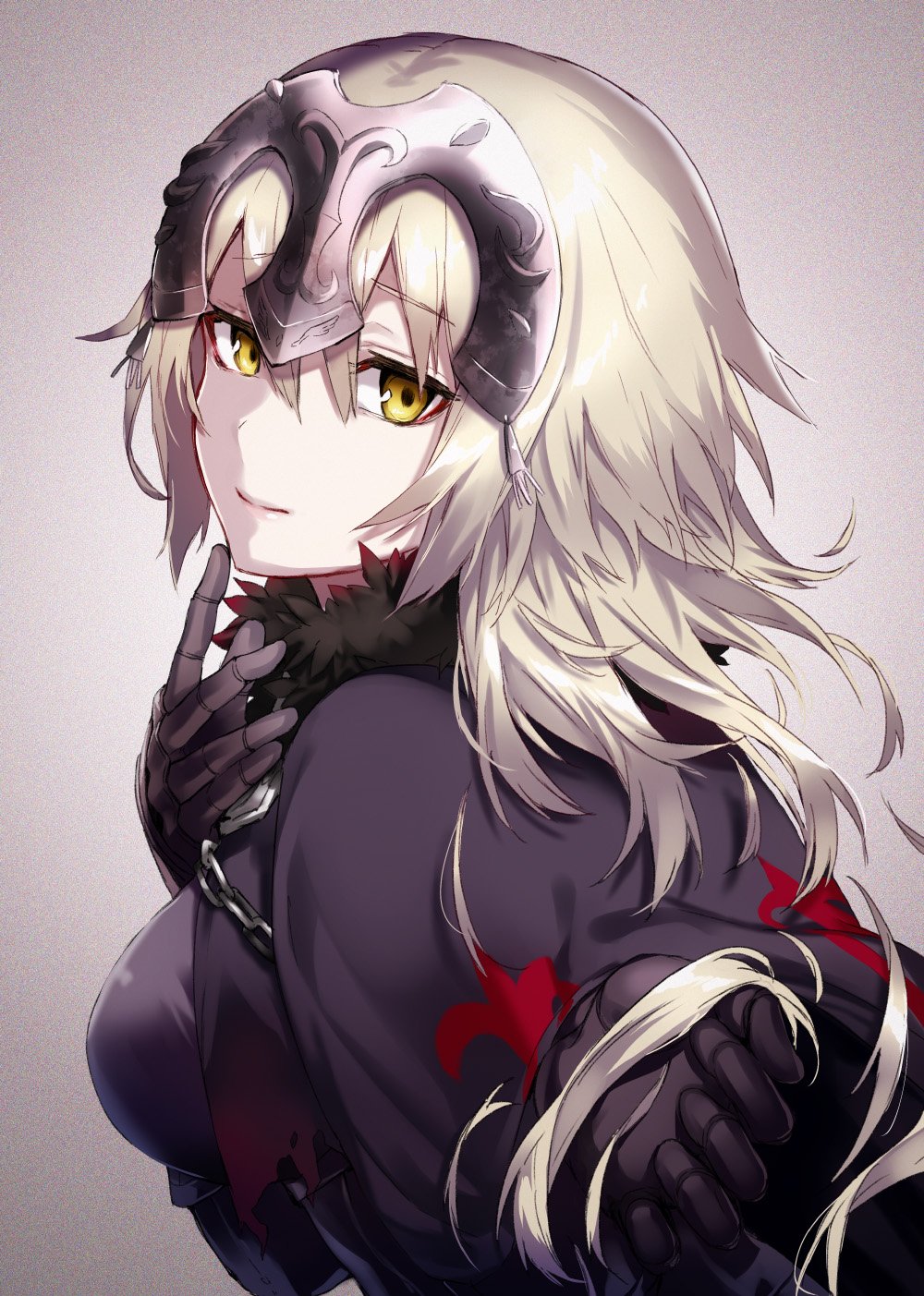 arisaka_ako bangs blonde_hair breasts capelet chains eyebrows_visible_through_hair fate/grand_order fate_(series) fleur_de_lis from_side fur_trim headpiece highres holding holding_hair jeanne_alter large_breasts light_smile looking_at_viewer outstretched_hand ruler_(fate/apocrypha) upper_body yellow_eyes