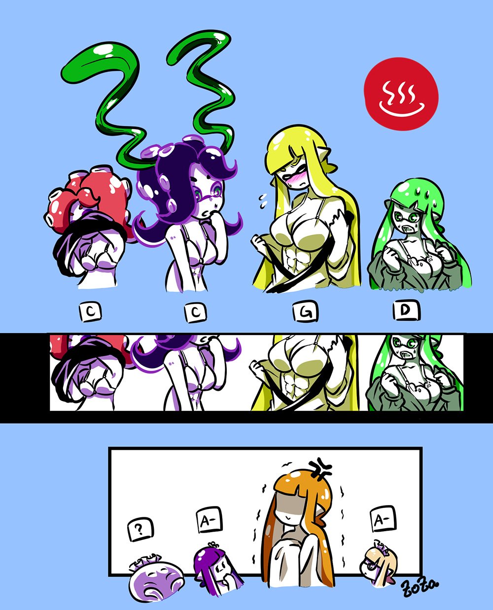 6+girls abs anger_vein artist_name bangs blonde_hair blunt_bangs blush bra breast_envy bust_chart candy_(zoza) closed_eyes comic crazy_(zoza) domino_mask faceless faceless_female flying_sweatdrops frightening_(zoza) green_eyes green_hair highres hood hoodie inkling japanese_clothes jellyfish_(splatoon) logo lollipop_(zoza) long_hair looking_at_another maid_headdress mask multiple_girls octarian onsen open_mouth orange_hair pancake_(zoza) parted_lips partially_colored pointy_ears pretty_(zoza) pudding_(zoza) purple_hair redhead seaweed signature splatoon sweatdrop takozonesu tentacle_hair trembling underwear undressing violet_eyes waffle_(zoza) white_hair zoza