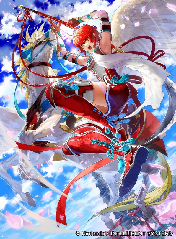 1girl ass boots company_connection copyright_name dress fire_emblem fire_emblem_cipher fire_emblem_if garter_straps gloves hinoka_(fire_emblem_if) holding holding_weapon mayo_(becky2006) naginata open_mouth pegasus pegasus_knight petals polearm red_eyes redhead scarf serious short_dress short_hair solo thigh-highs thigh_boots thighs weapon wings zettai_ryouiki