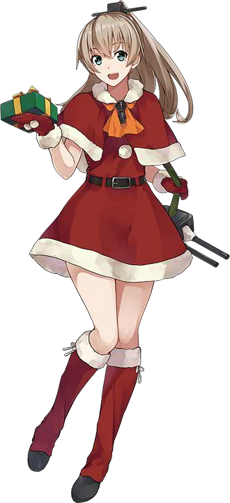 aqua_eyes ascot boots brown_hair dress gift green_hair hair_ornament kantai_collection konishi_(koconatu) kumano_(kantai_collection) long_hair machinery mittens official_art open_mouth ponytail santa_costume smile turret