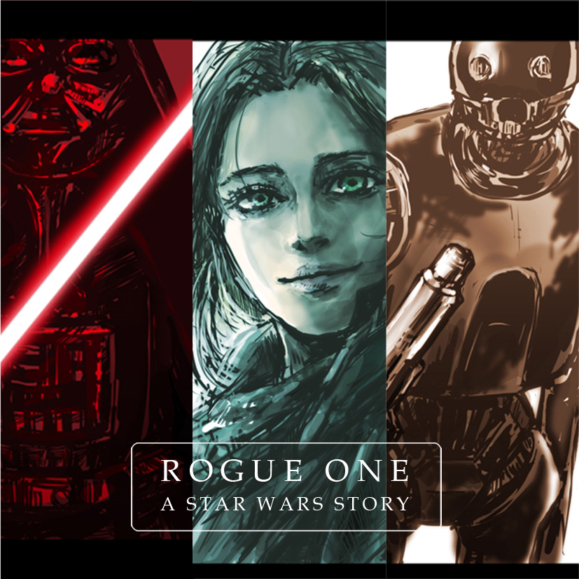 1boy 1girl android armor artist_request cape cyborg darth_vader energy_gun energy_sword helmet jyn_erso k-2so lightsaber logo looking_at_viewer mask monochrome multiple_monochrome ray_gun robot rogue_one:_a_star_wars_story science_fiction sith spoilers star_wars sword upper_body weapon