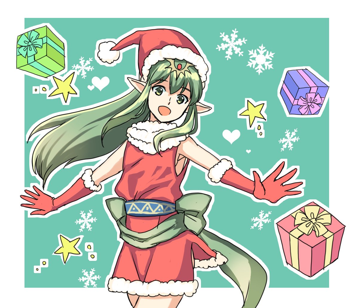 box chiki christmas fire_emblem fire_emblem:_mystery_of_the_emblem gift gift_box green_hair long_hair pointy_ears santa_costume smile snowflakes