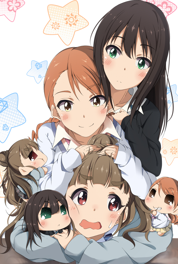 3girls blush brown_eyes brown_hair green_eyes hitotsuki_nanoka houjou_karen hug idolmaster idolmaster_cinderella_girls kamiya_nao long_hair multiple_girls open_mouth puchimasu! red_eyes school_uniform shibuya_rin smile star triad_primus