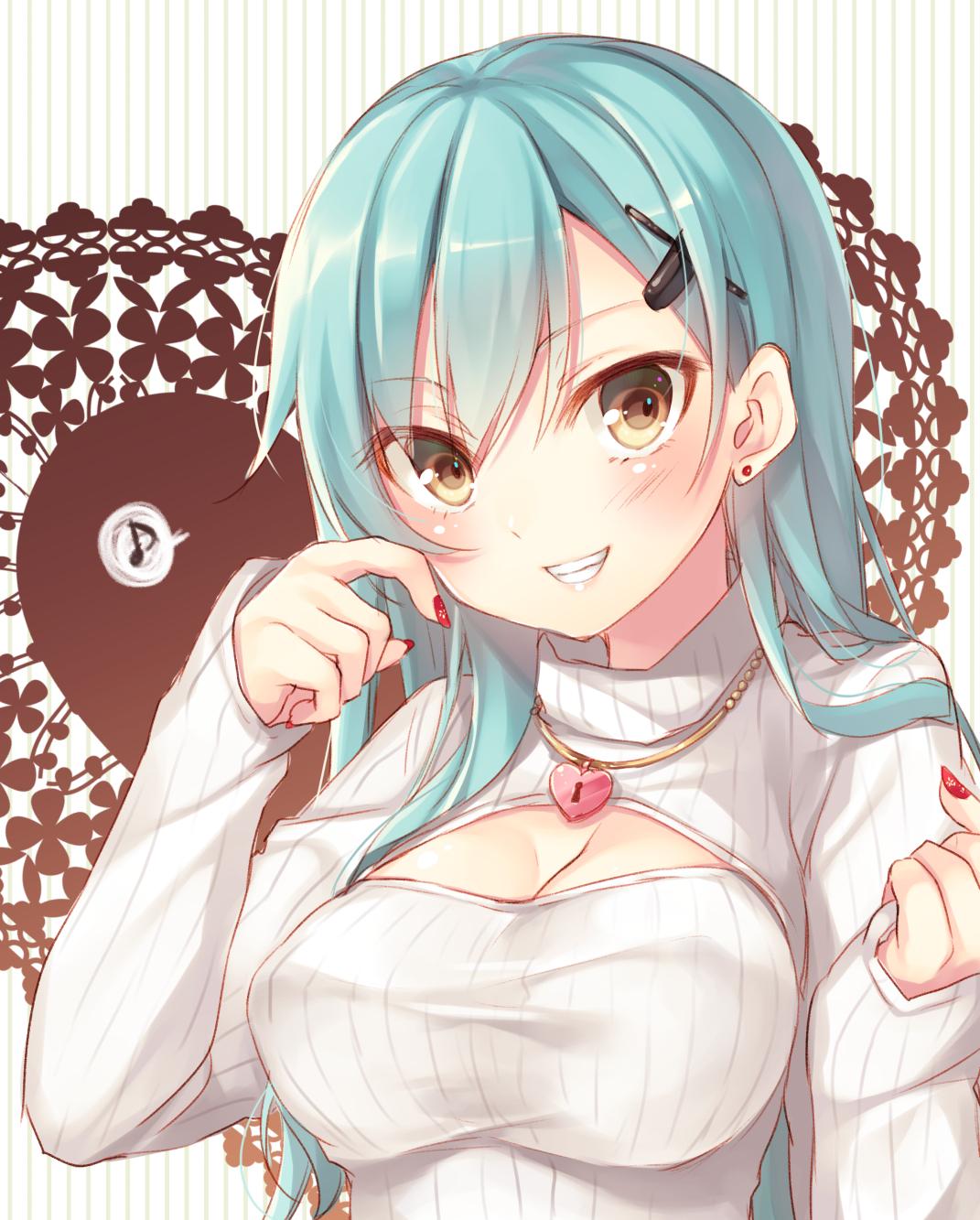 1girl blush breasts cleavage cleavage_cutout earrings grin hair_ornament hairclip heart heart-shaped_lock heart_necklace highres jewelry jpeg_artifacts kantai_collection large_breasts lock long_hair looking_at_viewer musical_note nail_polish necklace open-chest_sweater quaver red_nails ribbed_sweater smile solo speech_bubble spoken_musical_note striped suzuya_(kantai_collection) sweater toosaka_asagi turtleneck turtleneck_sweater upper_body vertical-striped_background vertical_stripes yellow_eyes
