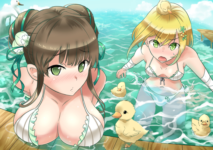 2girls :o bandage bikini bird blonde_hair blush breast_rest breasts brown_hair duck duckling eyebrows_visible_through_hair flower flower_knight_girl frown green_bell_(flower_knight_girl) green_ribbon hair_flower hair_ornament hair_ribbon ishizu_kayu katabami_(flower_knight_girl) large_breasts looking_at_viewer medium_breasts multiple_girls partially_submerged ribbon short_hair side-tie_bikini swimsuit water white_bikini