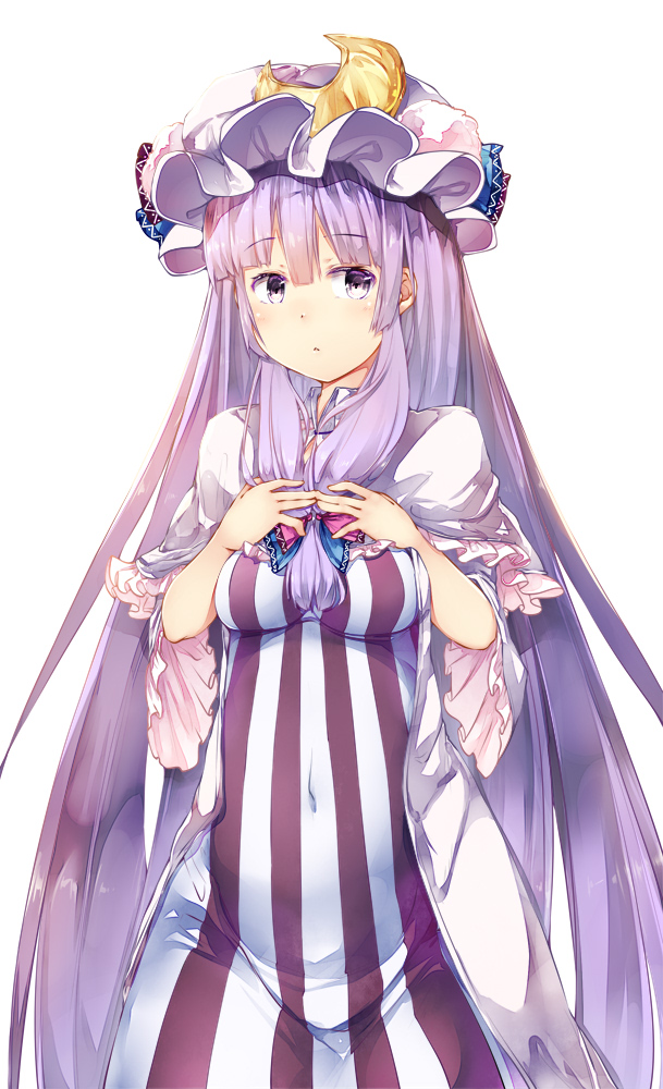 1girl :o bangs blue_bow blunt_bangs blush bow breasts capelet covered_navel cowboy_shot crescent dress hair_bow hat long_hair looking_at_viewer medium_breasts mob_cap pajamas patchouli_knowledge pink_bow purple_hair sidelocks solo striped sugiyuu touhou vertical-striped_dress vertical_stripes very_long_hair violet_eyes