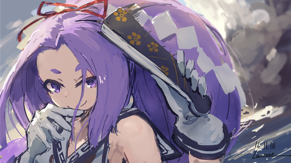 1girl 2016 bangs bow closed_fan dated fan faux_traditional_media folding_fan gloves hair_bow hair_ornament hand_to_own_mouth hatsuharu_(kantai_collection) highlights holding_fan kantai_collection lansane long_hair looking_at_viewer multicolored_hair parted_bangs ponytail purple_hair shirt sleeveless sleeveless_shirt smile solo upper_body violet_eyes