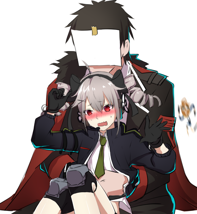 1boy 1girl black_gloves black_hair blurry blush drill_hair earphones eyebrows eyebrows_visible_through_hair girls_frontline gloves green_necktie grey_hair hair_ornament hair_ribbon hand_on_another's_stomach headphones jacket knee_pads necktie nose_blush open_mouth paper pp-90_(girls_frontline) red_eyes ribbon short_hair sitting sitting_on_person strap sweat twintails x_hair_ornament xiu_jiayihuizi