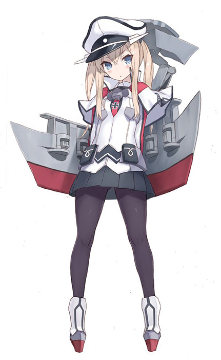 1girl age_difference age_regression black_legwear blonde_hair blue_eyes blush capelet commentary_request goekawa graf_zeppelin_(kantai_collection) hair_between_eyes hat iron_cross kantai_collection long_hair looking_at_viewer miniskirt necktie pantyhose peaked_cap skirt solo twintails uniform younger