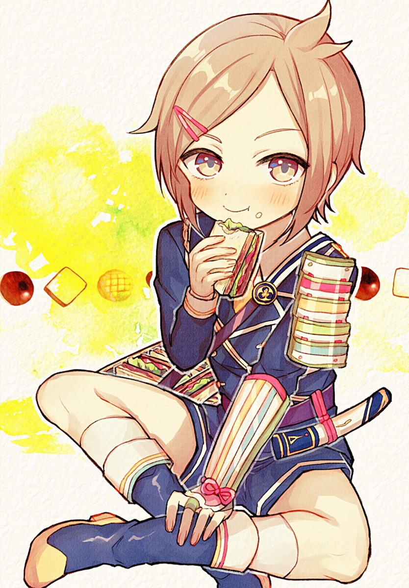 1boy :t abandon_ranka apple armor boots bread brown_eyes brown_hair eating food food_on_face fruit hair_ornament hairclip highres houchou_toushirou indian_style japanese_armor kote male_focus melon_bread military military_uniform necktie sandwich shorts sitting smile sode touken_ranbu uniform