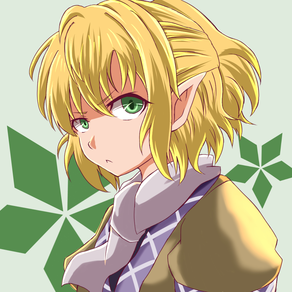1girl :&lt; blonde_hair frown green_eyes grey_background half_updo looking_at_viewer mizuhashi_parsee pointy_ears scarf short_hair short_ponytail short_sleeves simple_background solo touhou upper_body yasui_nori
