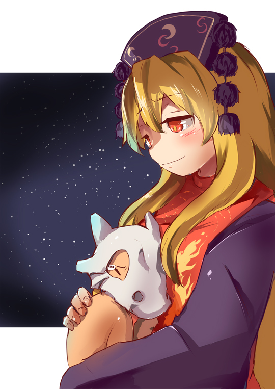 1girl black_dress black_hat blonde_hair comforting crescent cubone dress flame_print hair_between_eyes hand_on_another's_back hat junko_(touhou) kapiten70 long_hair long_sleeves pokemon pokemon_(creature) pom_pom_(clothes) red_eyes sky smile star_(sky) starry_sky tabard tearing_up touhou upper_body