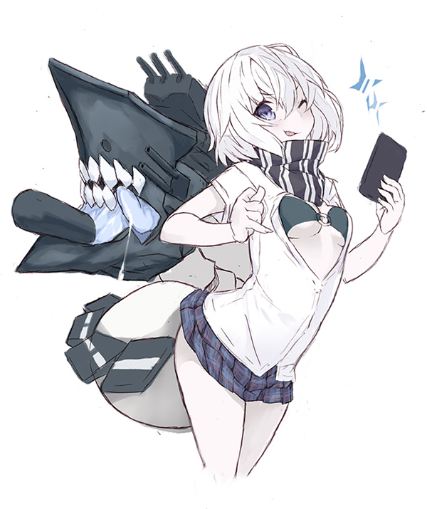 &gt;:p 1girl :p alternate_costume blue_eyes blue_skirt blush breasts cellphone fig_sign goekawa holding holding_phone kantai_collection looking_at_viewer medium_breasts o-ring_top one_eye_closed open_clothes open_shirt phone plaid plaid_skirt pleated_skirt re-class_battleship saliva scarf school_uniform shinkaisei-kan shirt short_hair silver_hair simple_background skirt small_breasts smartphone smile solo tail tongue tongue_out unbuttoned unbuttoned_shirt violet_eyes white_background white_hair white_skin