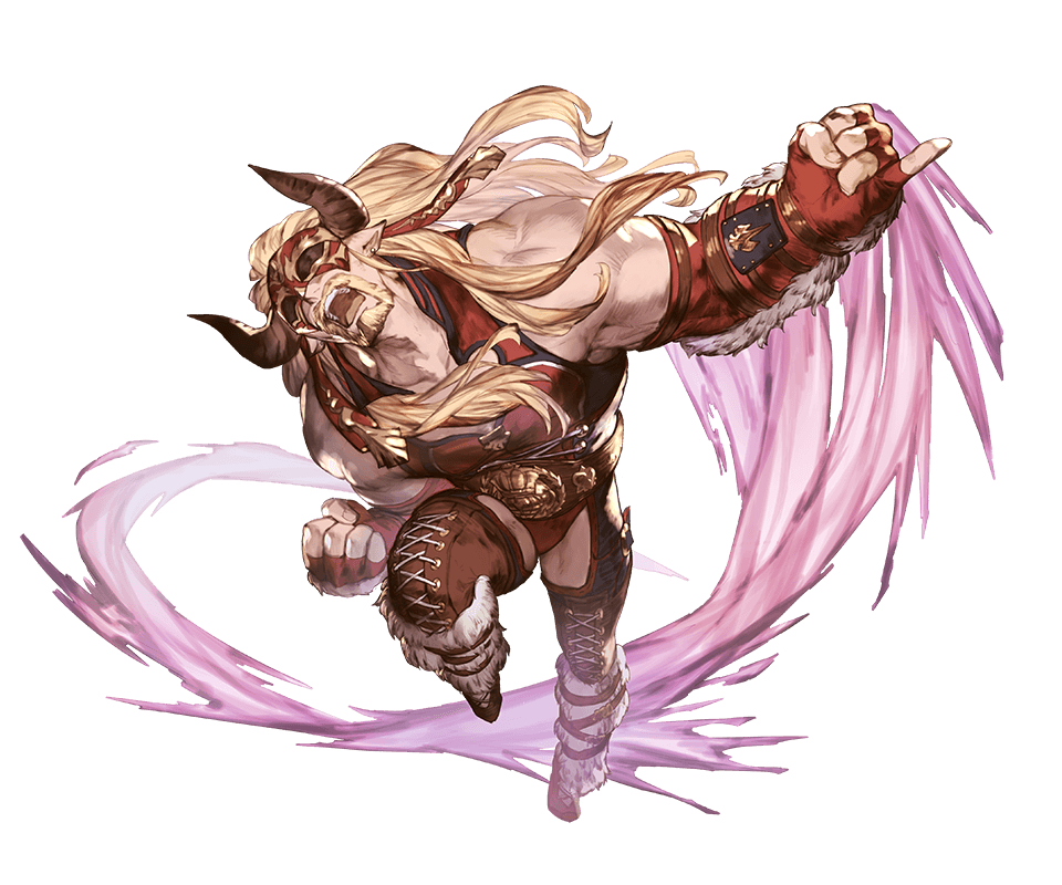 1boy beard belt blonde_hair boots doraf earrings facial_hair fingerless_gloves fur_trim gloves granblue_fantasy horns jewelry ladiva long_hair male_focus mask minaba_hideo official_art open_mouth pinky_out solo teeth transparent_background