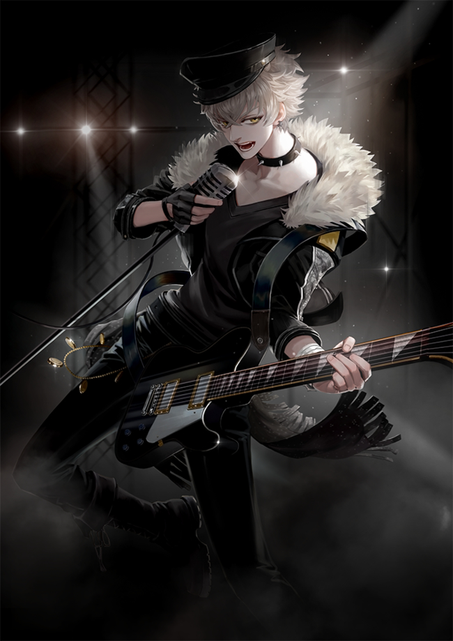 1boy ao666 bandaged_arm belt belt_buckle black black_boots black_gloves black_hat black_jacket black_nails black_pants boots brown_eyes buckle coin_(ornament) collar cropped_jacket cross-laced_footwear earrings electric_guitar ensemble_stars! fingerless_gloves flower fringe fur_trim gloves grey_hair guitar hair_between_eyes hand_on_hip hat holding_instrument holding_microphone instrument jacket jewelry lace-up_boots leg_up light_particles long_sleeves looking_at_viewer male_focus microphone microphone_stand music nail_polish oogami_koga open_clothes open_jacket pale_skin pants peaked_cap petals red_rose rose shoe_soles silver_hair singer singing smoke solo spiked_collar spikes stage_lights standing standing_on_one_leg stud_earrings studded_bracelet undead_(ensemble_stars!) v v-neck yellow_eyes