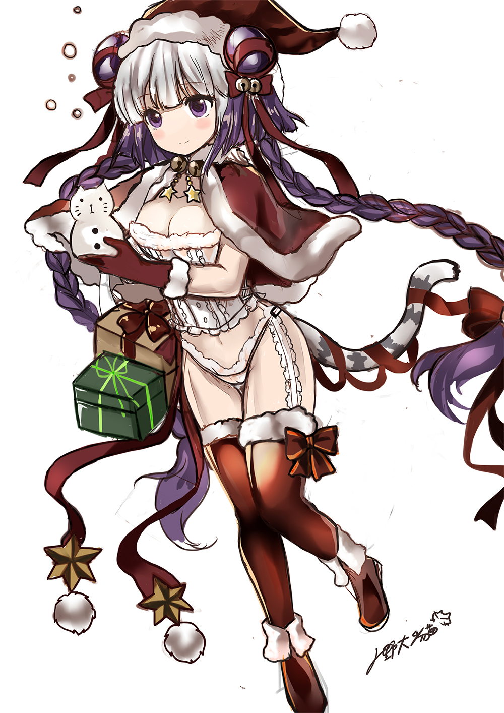 1girl bell boots braid capelet cleavage_cutout corset double_bun garter_straps gift haku_(p&amp;d) hat highres jingle_bell long_hair lunacats multicolored_hair panties purple_hair puzzle_&amp;_dragons red_legwear santa_hat smile solo tail thigh-highs tiger_tail twin_braids underwear violet_eyes white_hair white_panties