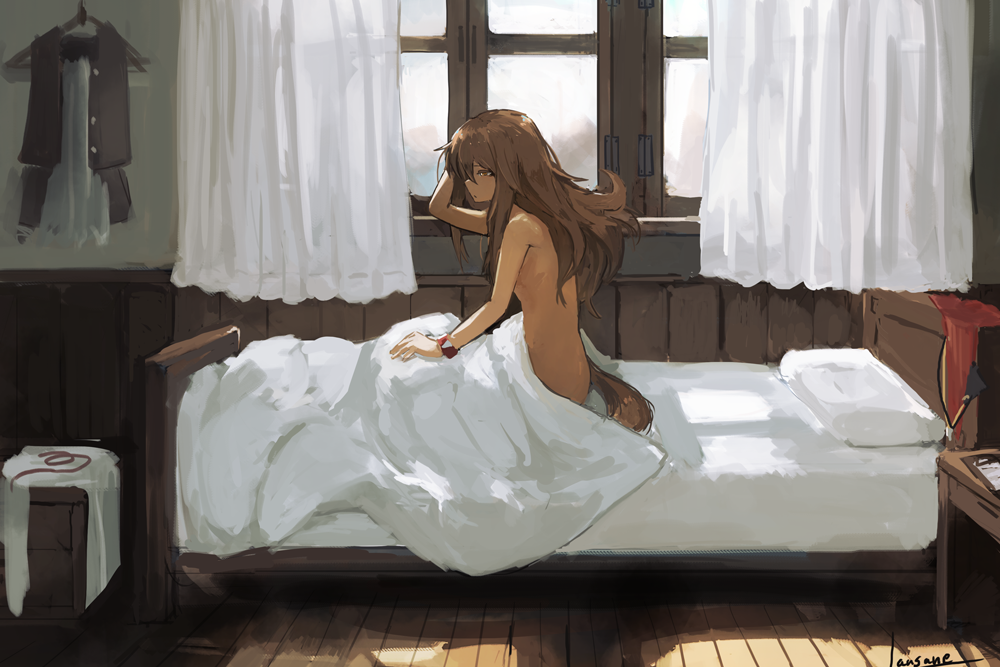 1girl artist_name bed bed_sheet brown_eyes brown_hair curtains from_side half-closed_eyes indoors lansane long_hair morning naked_sheet nude on_bed original pillow red_ribbon ribbon school_uniform sitting solo sunlight tail under_covers window wooden_floor