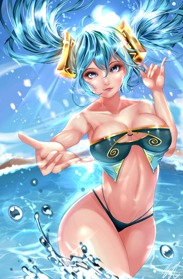 1girl adapted_costume bikini blue_eyes blue_hair breasts cleavage drawfeeling hair_ornament large_breasts league_of_legends long_hair matching_hair/eyes midriff ocean outstretched_hand partially_submerged solo sona_buvelle standing strapless strapless_bikini swimsuit twintails water