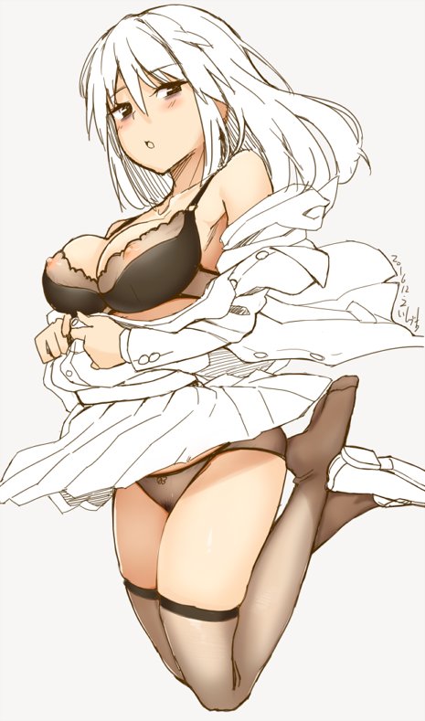 1girl bad_leg bags_under_eyes black_bra black_eyes black_legwear black_panties blush bra breasts cleavage dated gin_(ginshari) grey_background loafers long_hair looking_at_viewer off_shoulder open_clothes open_mouth original panties pleated_skirt school_uniform shoes simple_background sketch skirt solo thigh-highs underwear