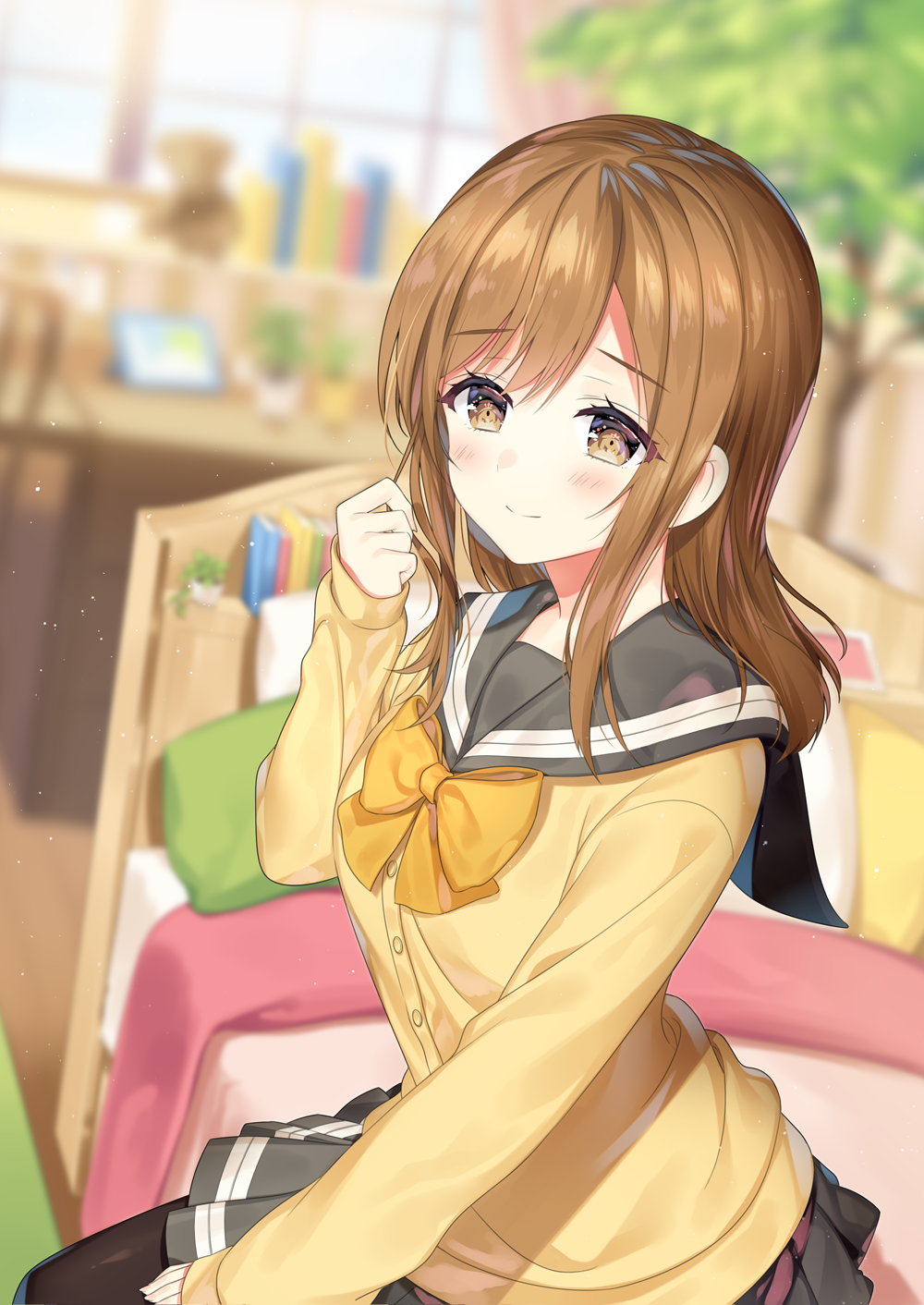1girl bangs bed black_legwear blanket blurry_background blush book bow bowtie breasts brown_eyes brown_hair cardigan chair closed_mouth curtains desk dutch_angle eyebrows_visible_through_hair floor grey_skirt hand_on_own_thigh highres indoors kunikida_hanamaru light_particles long_hair long_sleeves looking_at_viewer love_live! love_live!_sunshine!! miniskirt necomi_(gussan) pantyhose pillow plant pleated_skirt school_uniform serafuku sitting skirt sleeves_past_wrists small_breasts smile solo teddy window yellow_bow yellow_bowtie