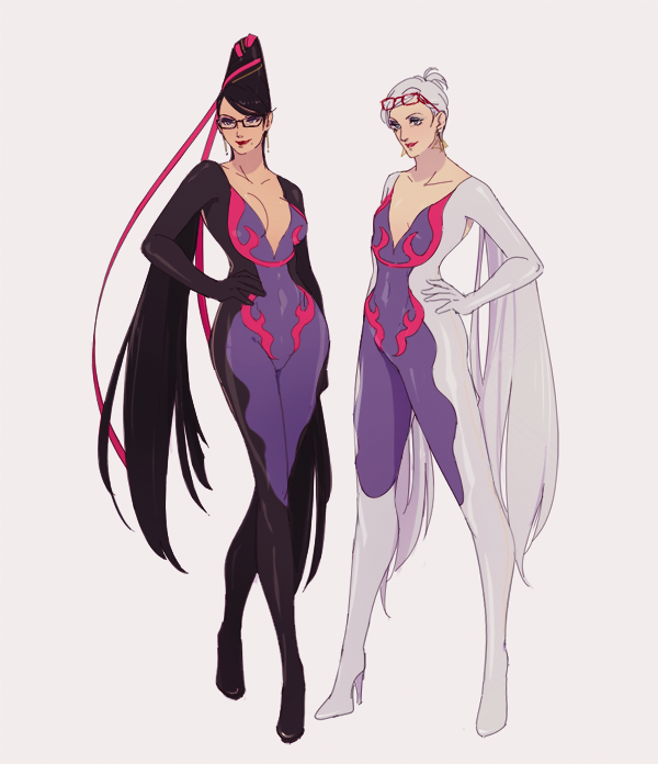 2girls bayonetta bayonetta_(character) black_hair breasts cleavage cosplay glasses grey_hair hair_ribbon hand_on_hip jeanne_(bayonetta) lipstick makeup multiple_girls mushisotisis pokemon ribbon salazzle salazzle_(cosplay) small_breasts smile