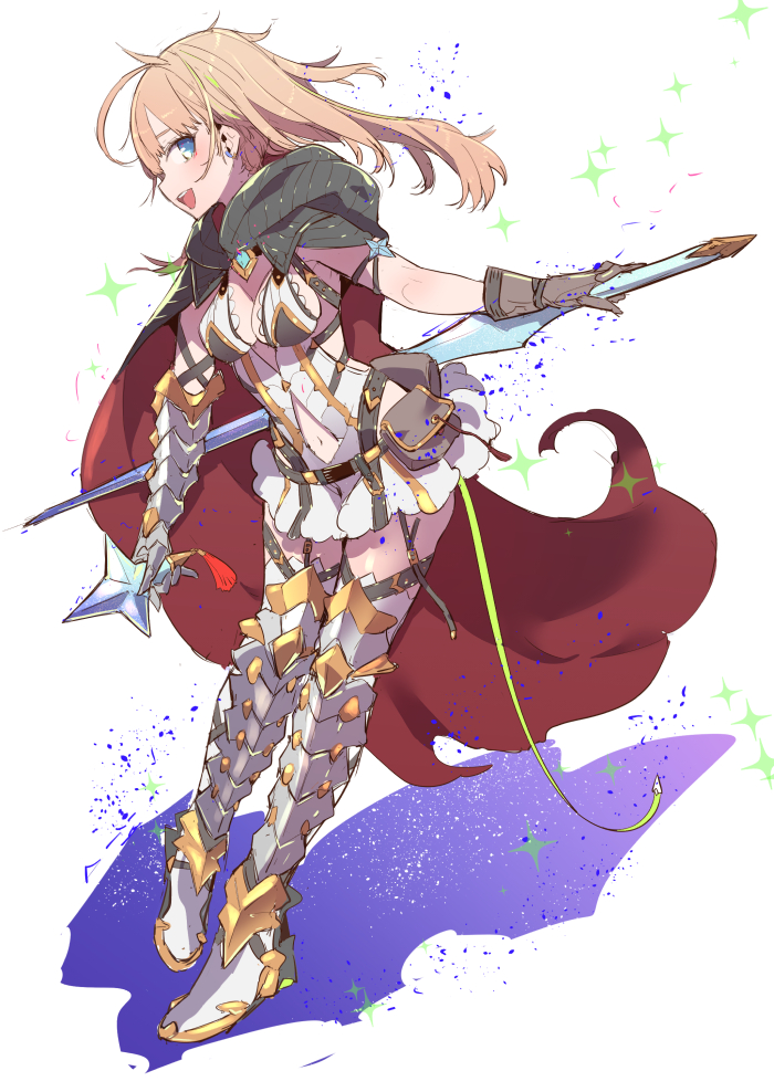 1girl armor bangs blonde_hair blue_eyes blush breasts chemise cleavage cloak gauntlets gloves greaves holding holding_sword holding_weapon knight lace_trim long_hair looking_at_viewer medium_breasts navel_cutout original pouch shadow skirt smile solo sparkle standing strap sword tajima_ryuushi teeth weapon white_background white_skirt