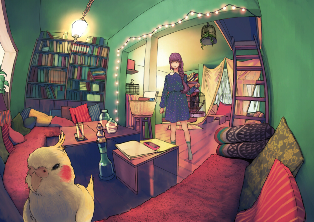 1girl bird birdcage blue_dress bookshelf braid brown_hair cage cellphone christmas_lights cockatiel couch cup curtains dress drinking_straw fisheye grey_legwear holding indoors ladder long_hair no_shoes original phone pillow polka_dot polka_dot_dress shinoda_maya side_ponytail smartphone socks solo standing stool striped striped_legwear table