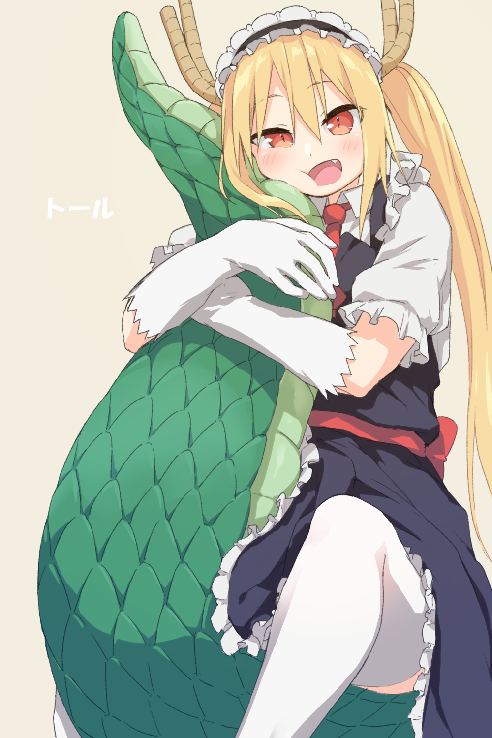 1girl apron blonde_hair commentary_request dragon_girl dragon_tail dress gloves gradient_hair hakumei_kosen highres holding_own_tail holding_tail horns hug kobayashi-san_chi_no_maidragon long_hair looking_at_viewer maid maid_apron maid_headdress multicolored_hair open_mouth pushing_away pushing_face red_eyes simple_background solo solo_focus tail tail_hug thigh-highs tooru_(maidragon) twintails