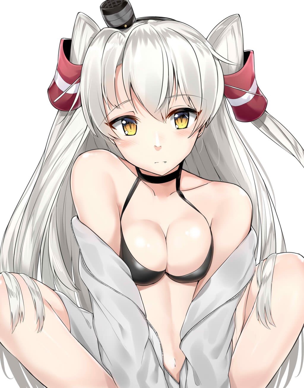 1girl amatsukaze_(kantai_collection) bangs bare_shoulders bikini bikini_top bikini_under_clothes black_bikini_top blush breasts choker cleavage closed_mouth collarbone eyebrows_visible_through_hair fang fang_out frown grey_jacket hair_tubes hairband highres kantai_collection knees_up long_hair long_sleeves looking_at_viewer medium_breasts navel off_shoulder silver_hair simple_background slit_pupils solo stomach suzuharu_(suzuharu0612) swimsuit two_side_up very_long_hair white_background windsock yellow_eyes
