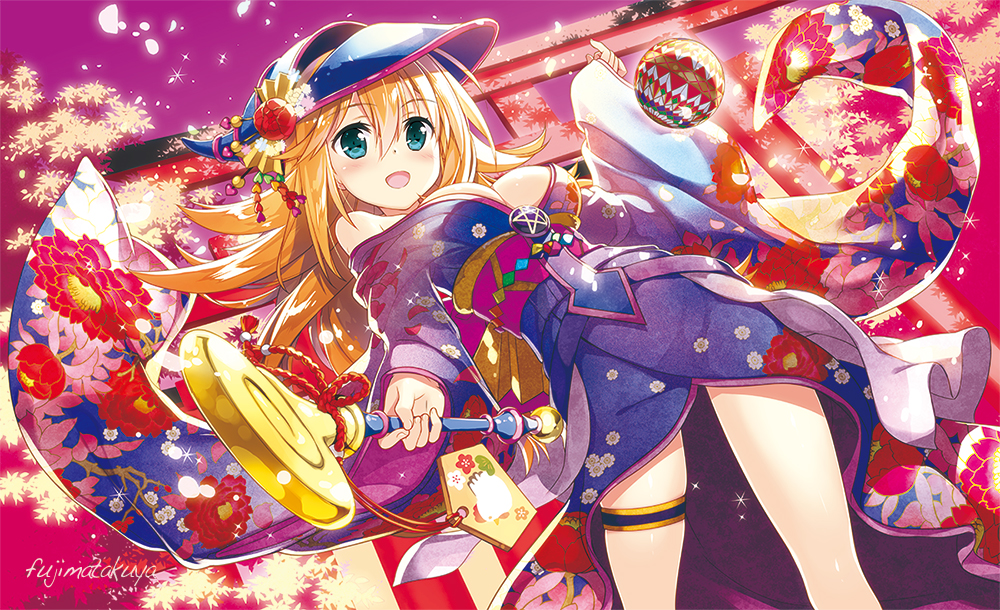 1girl :d alternate_costume artist_name bangs bare_shoulders blonde_hair blue_eyes blush breasts charm_(object) cleavage dark_magician_girl dutch_angle eyebrows_visible_through_hair fujima_takuya furisode hair_between_eyes holding_wand japanese_clothes kimono kimono_pull large_breasts magician open_mouth petals signature smile solo standing thigh_strap thighs wand yu-gi-oh!