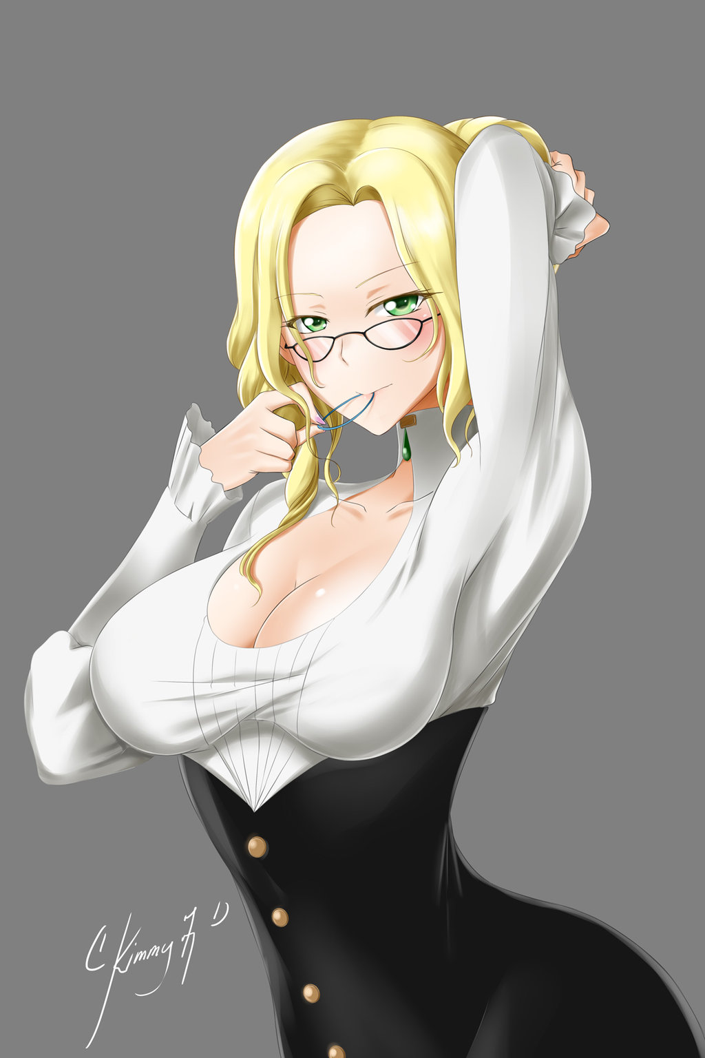 1girl adjusting_hair alfred_cullado blonde_hair blush breasts cleavage drill_hair glasses glynda_goodwitch green_eyes grey_background highres large_breasts mouth_hold rwby solo